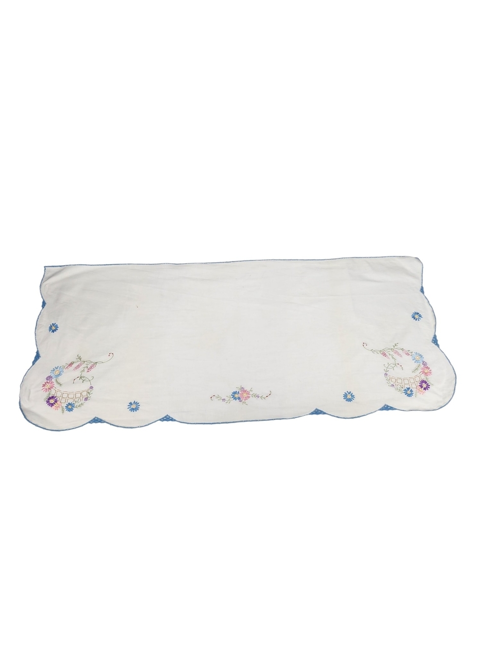 Vintage Hand Embroidered Linen Table Runner Dresser Scalloped Edge Blue Pink